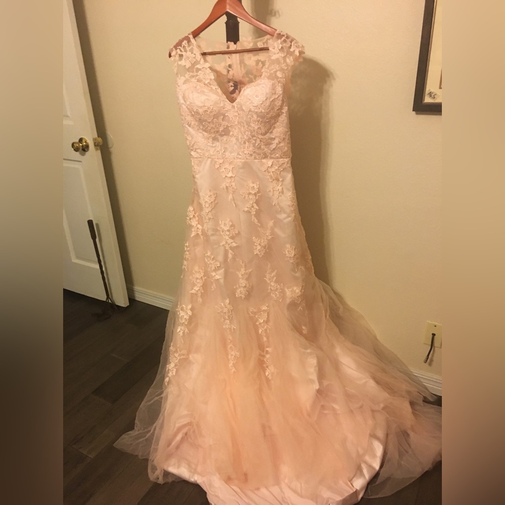 Pink lace & tule formal with small train.  Waist @30”